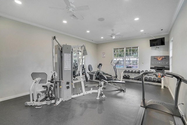 workout area featuring ceiling fan and ornamental molding