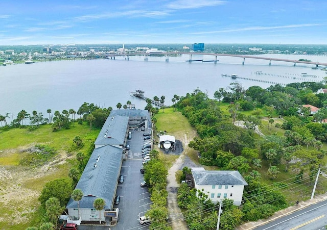 drone / aerial view with a water view