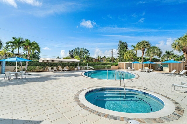 view of pool featuring a community hot tub and a patio