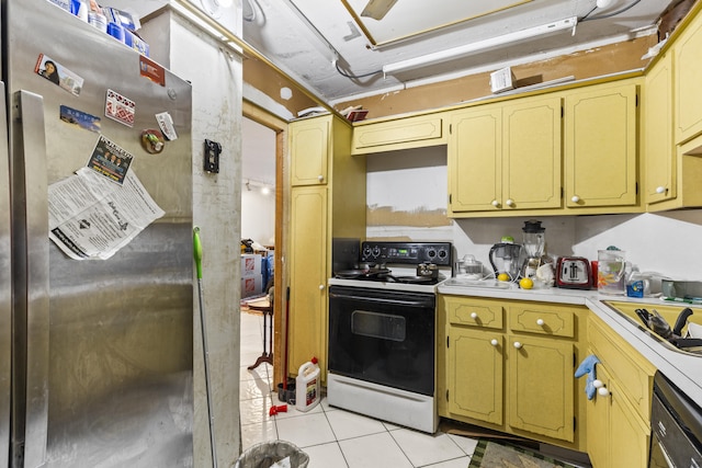 kitchen with white range with electric cooktop, sink, stainless steel fridge, light tile patterned floors, and black dishwasher