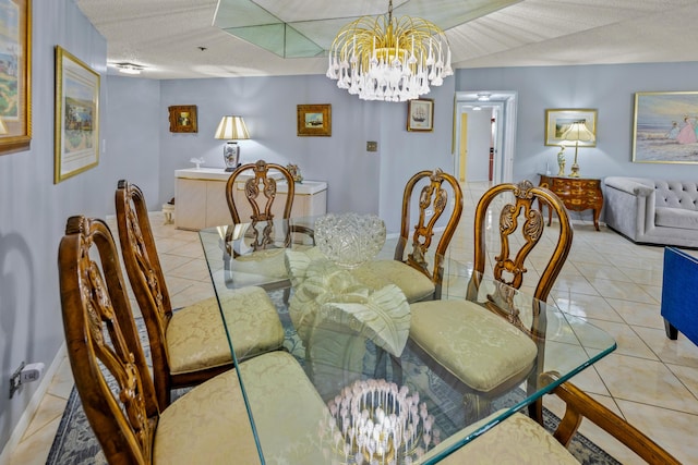 tiled dining space with a textured ceiling and an inviting chandelier