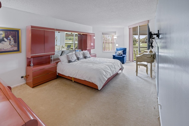 bedroom with light carpet and a textured ceiling