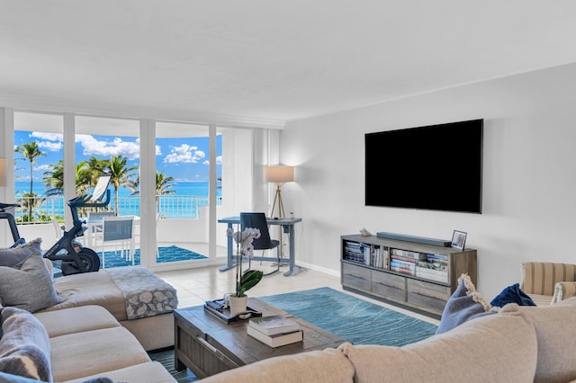 living room with light tile patterned flooring