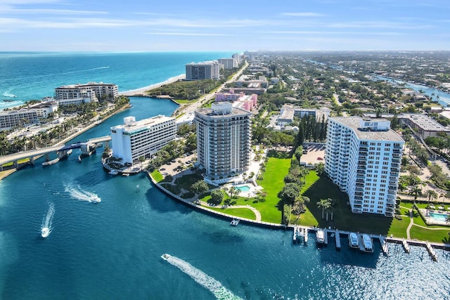 drone / aerial view with a water view