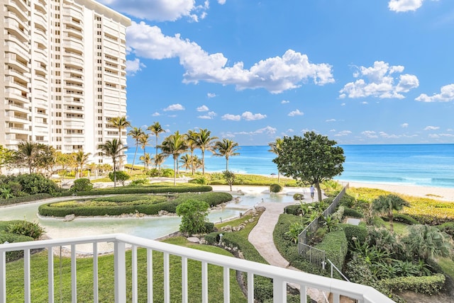 property view of water featuring a beach view