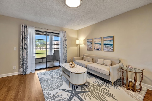 living room featuring a textured ceiling and hardwood / wood-style flooring