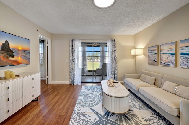 living room with hardwood / wood-style floors and a textured ceiling