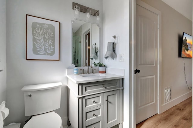 bathroom featuring hardwood / wood-style floors, vanity, and toilet