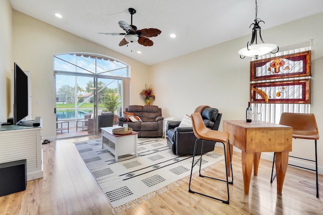 7708 Cherry Blossom Way, Boynton Beach, FL 33437 - living room with a ceiling fan, light wood-style flooring, recessed lighting, and vaulted ceiling