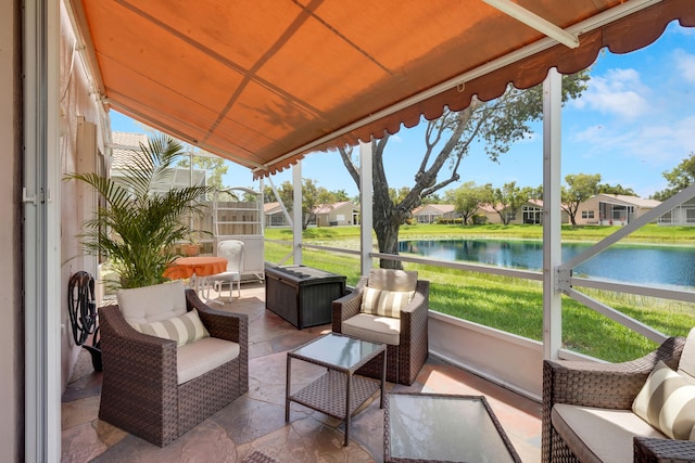 7708 Cherry Blossom Way, Boynton Beach, FL 33437 - sunroom featuring a water view, a residential view, an outdoor hangout area, and lofted ceiling