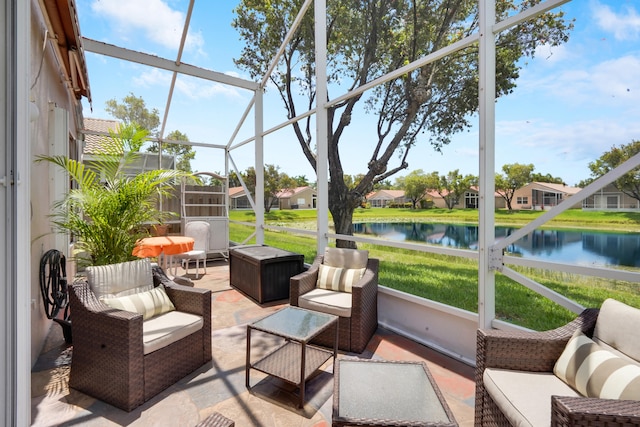 7708 Cherry Blossom Way, Boynton Beach, FL 33437 - sunroom with a water view, outdoor lounge area, a residential view, and healthy amount of natural light