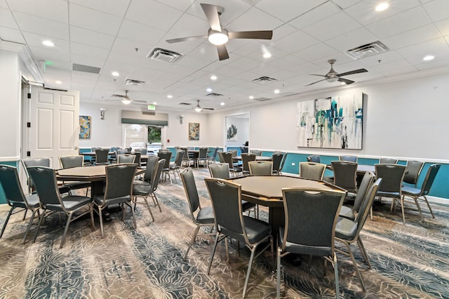 7708 Cherry Blossom Way, Boynton Beach, FL 33437 - dining area featuring ceiling fan, carpet, and ornamental molding