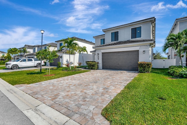 view of front of property with a garage and a front lawn