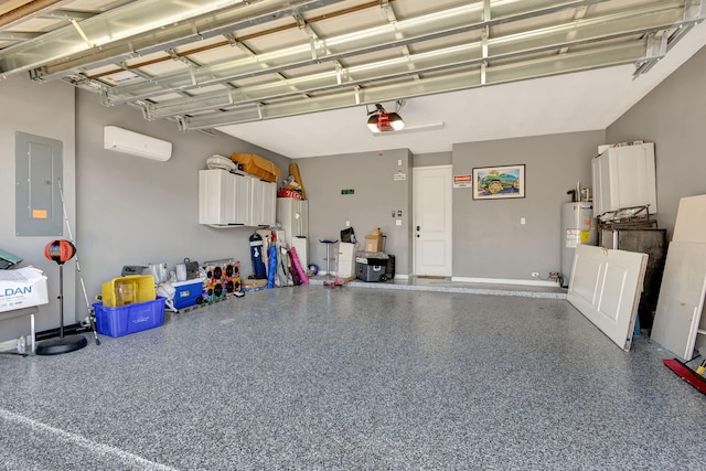 garage featuring gas water heater, electric panel, a garage door opener, and a wall unit AC