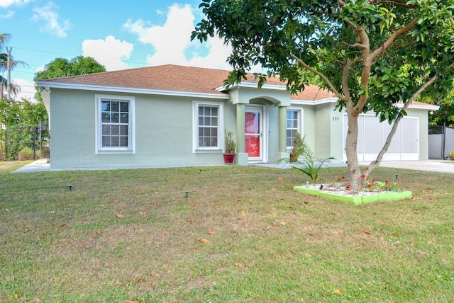 ranch-style house featuring stucco siding, concrete driveway, a garage, and a front yard