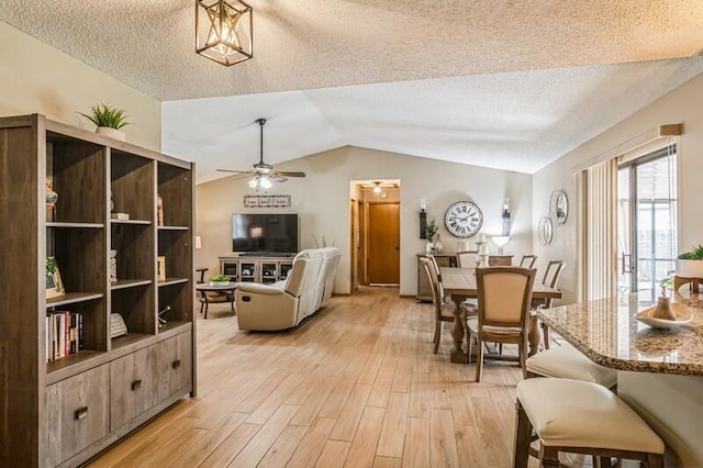 interior space with a textured ceiling, light hardwood / wood-style floors, and vaulted ceiling