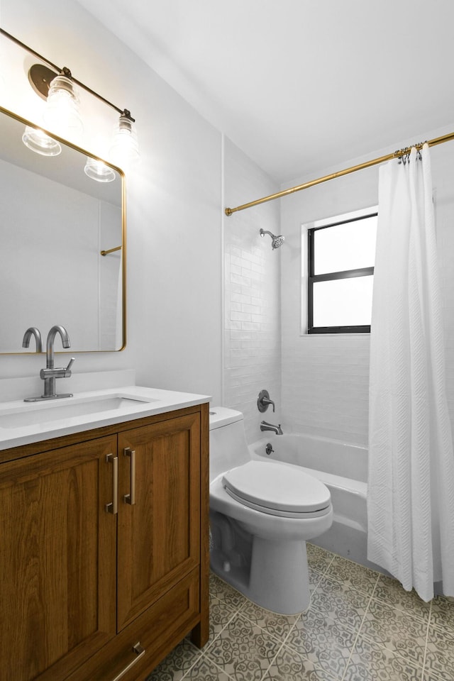 bathroom featuring tile patterned floors, toilet, vanity, and shower / bathtub combination with curtain