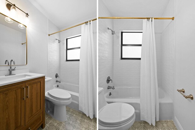 full bathroom with tile patterned floors, vanity, shower / bath combo, and toilet