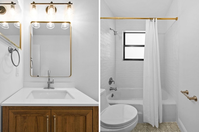 bathroom featuring shower / bath combo with shower curtain, toilet, and vanity