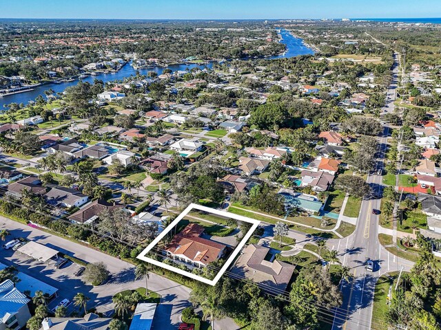 drone / aerial view featuring a water view