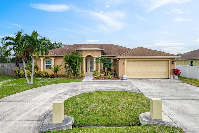 view of front of house featuring a garage and a front lawn