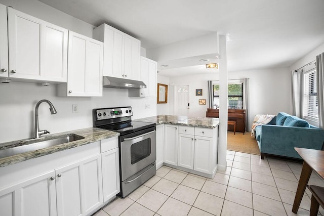 kitchen with light stone counters, sink, light tile patterned floors, electric range, and white cabinetry