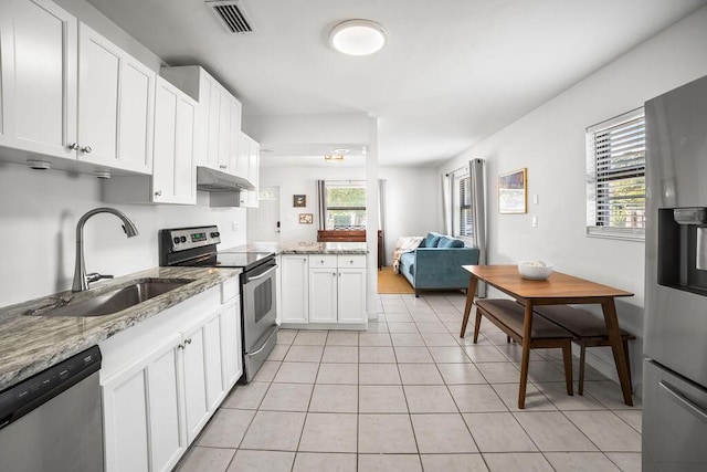 611 Monceaux Rd, West Palm Beach, FL 33405 - kitchen featuring appliances with stainless steel finishes, a sink, under cabinet range hood, light tile patterned flooring, and a peninsula