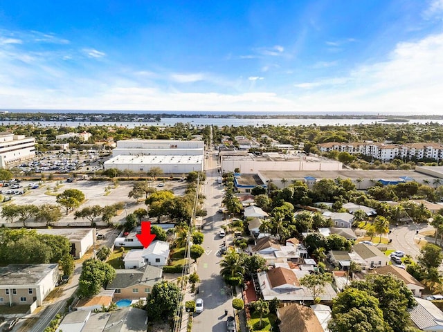 drone / aerial view with a water view