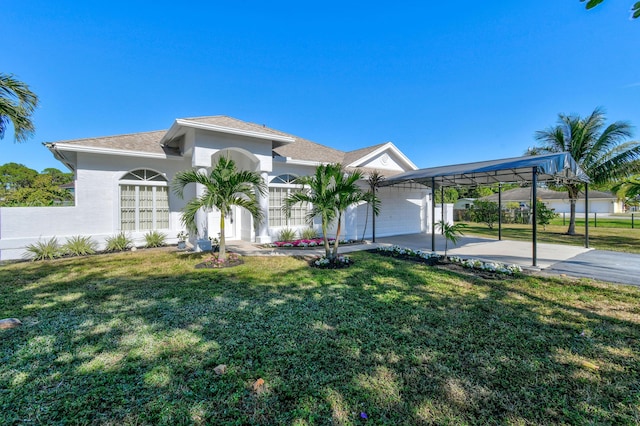 view of front of property with a front lawn, a garage, and a carport