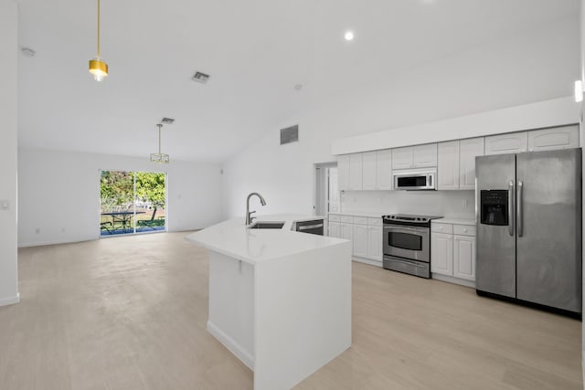 kitchen featuring white cabinets, pendant lighting, stainless steel appliances, and sink