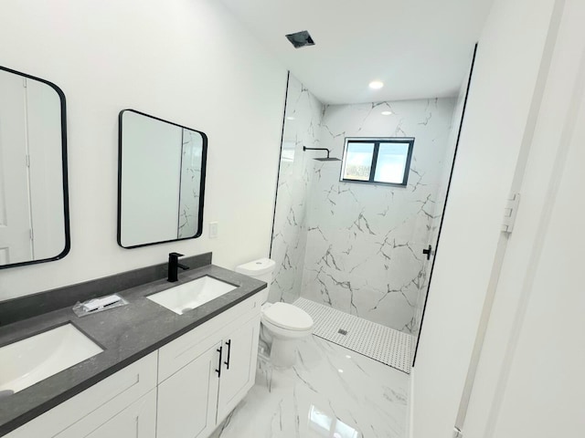 bathroom with toilet, vanity, and tiled shower