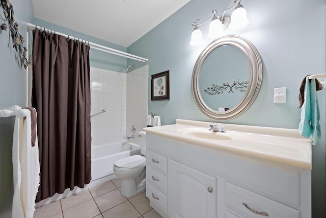 full bathroom with tile patterned floors, vanity, toilet, and shower / tub combo with curtain