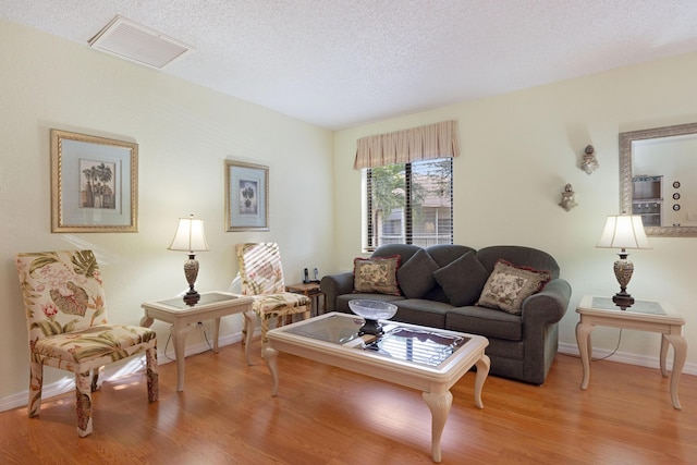 living room featuring wood-type flooring and a textured ceiling