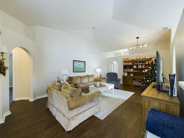 living room featuring dark wood-type flooring and vaulted ceiling