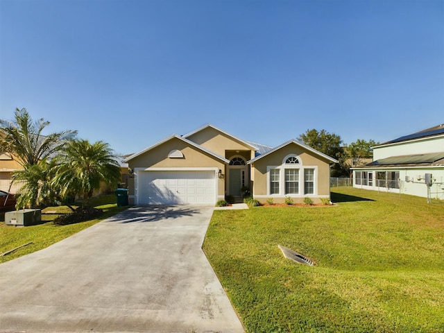 ranch-style house with a front yard and a garage