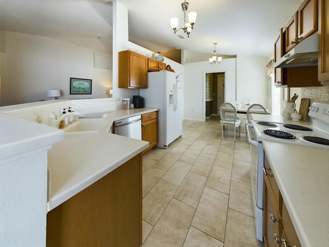 kitchen featuring white appliances, sink, hanging light fixtures, a notable chandelier, and kitchen peninsula