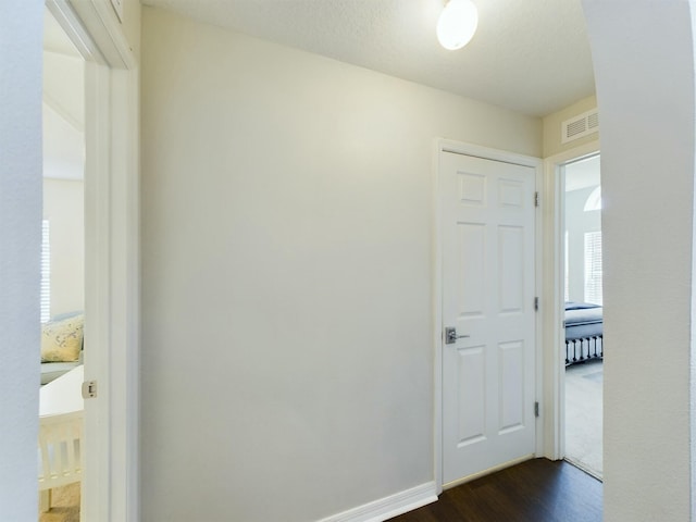 hall featuring a textured ceiling, plenty of natural light, and dark wood-type flooring