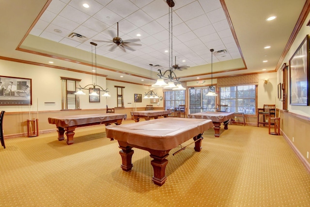 rec room featuring billiards, light carpet, ornamental molding, a tray ceiling, and ceiling fan