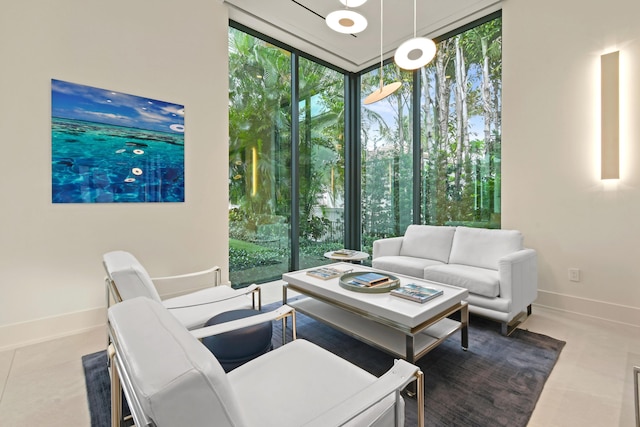 living area featuring baseboards and floor to ceiling windows