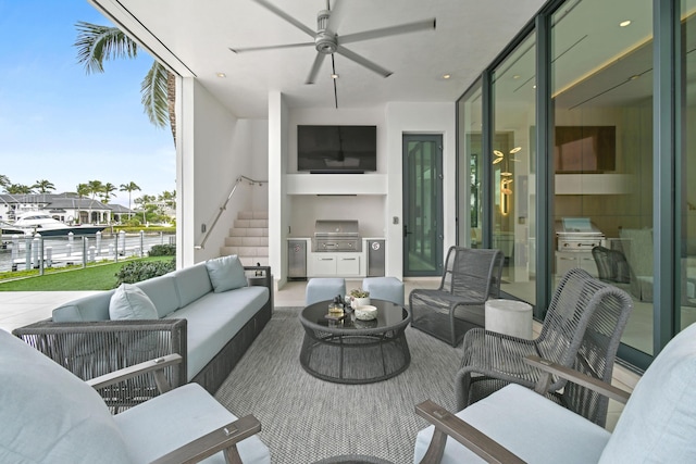 view of patio / terrace with a grill, stairway, an outdoor hangout area, and a ceiling fan