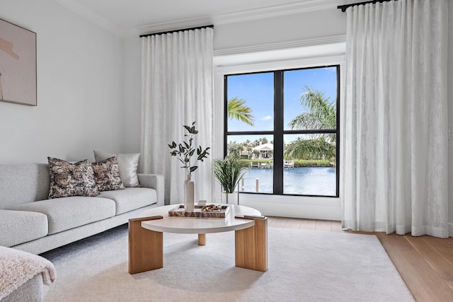 living room featuring light hardwood / wood-style floors, crown molding, and a water view