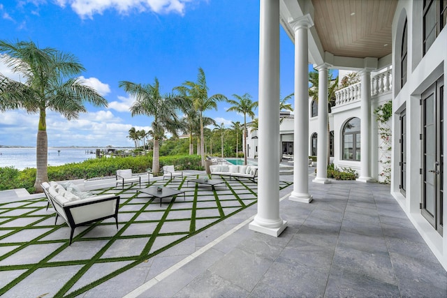 view of patio / terrace featuring a water view