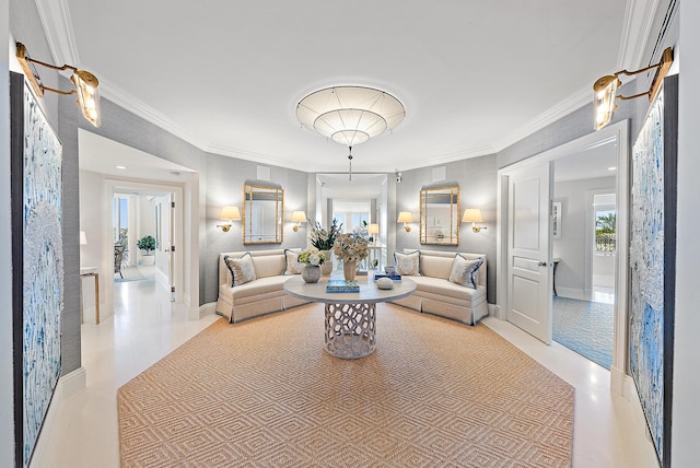 living room with crown molding