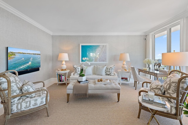 living room with crown molding and light carpet