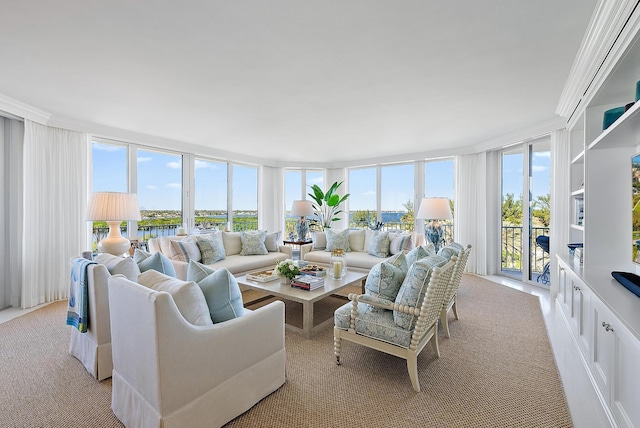 living room with light carpet, floor to ceiling windows, and crown molding