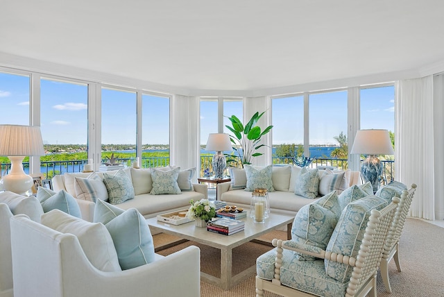 carpeted living room featuring a water view