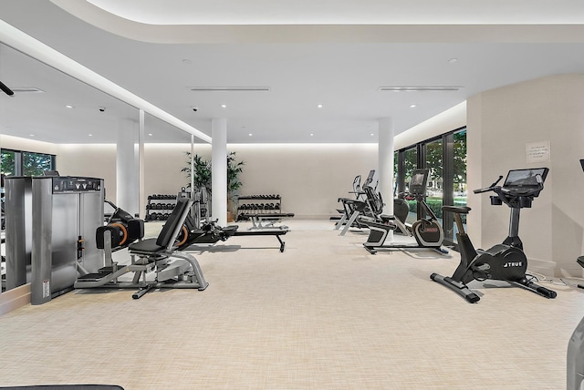 workout area featuring light carpet