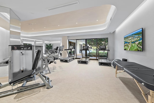 exercise room with carpet flooring and a raised ceiling