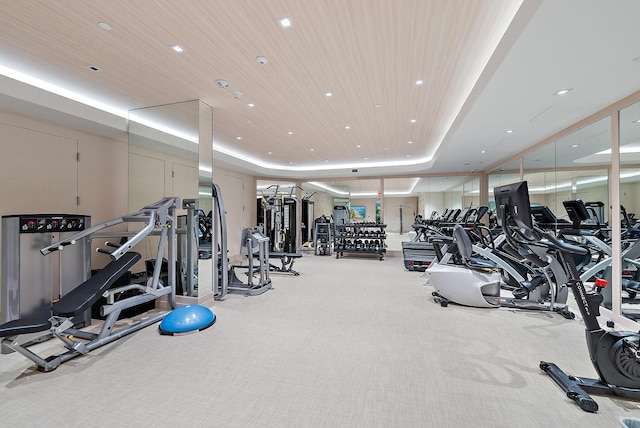 workout area featuring light colored carpet and a tray ceiling