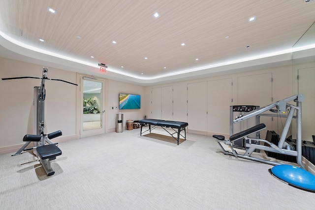 exercise area featuring light carpet and a raised ceiling